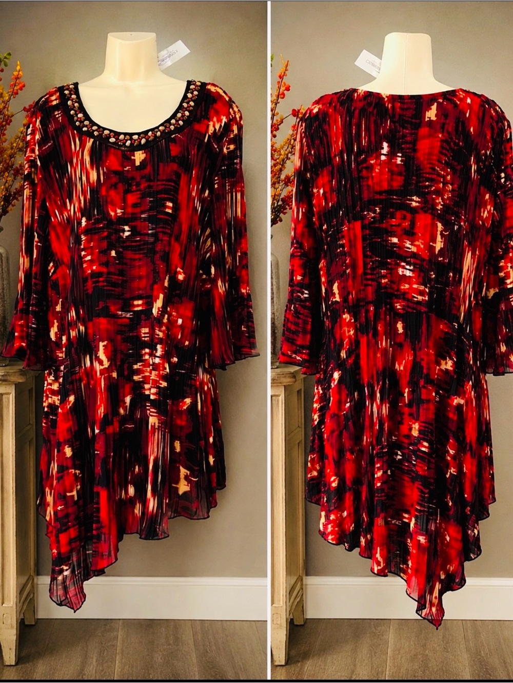 Catherines 3X Pleated Asymmetrical Tunic‎ Top Embellished Neck NWT